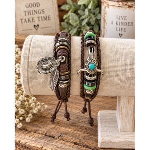 Western Braided Leather Bracelet Set Cowboy Hat Steer Skull Turquoise Charms